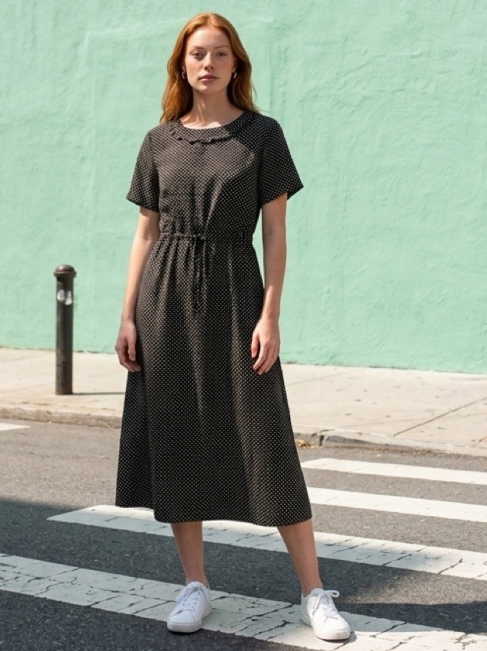 VTG 80s 90s Polka Dot Fit & Flare Midi Tea Dress Ruffle Fabric Buttons Pristine